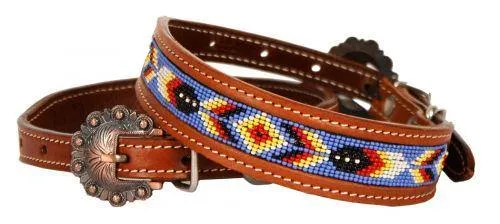 Leather Dog Collar With Periwinkle, Red & Yellow Beaded Inlay