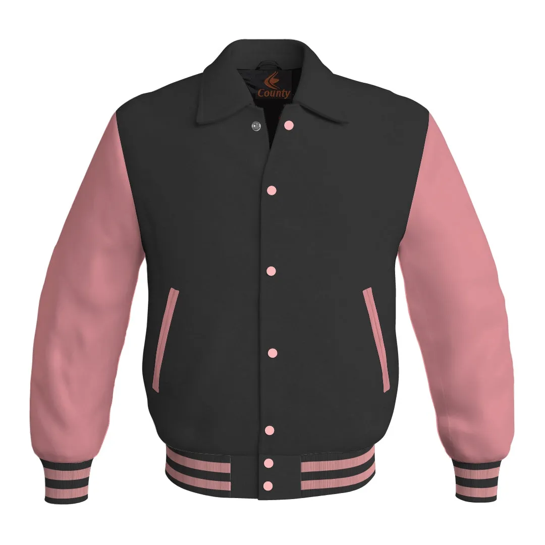 Letterman Varsity Classic Jacket Black Body and Pink Leather Sleeves