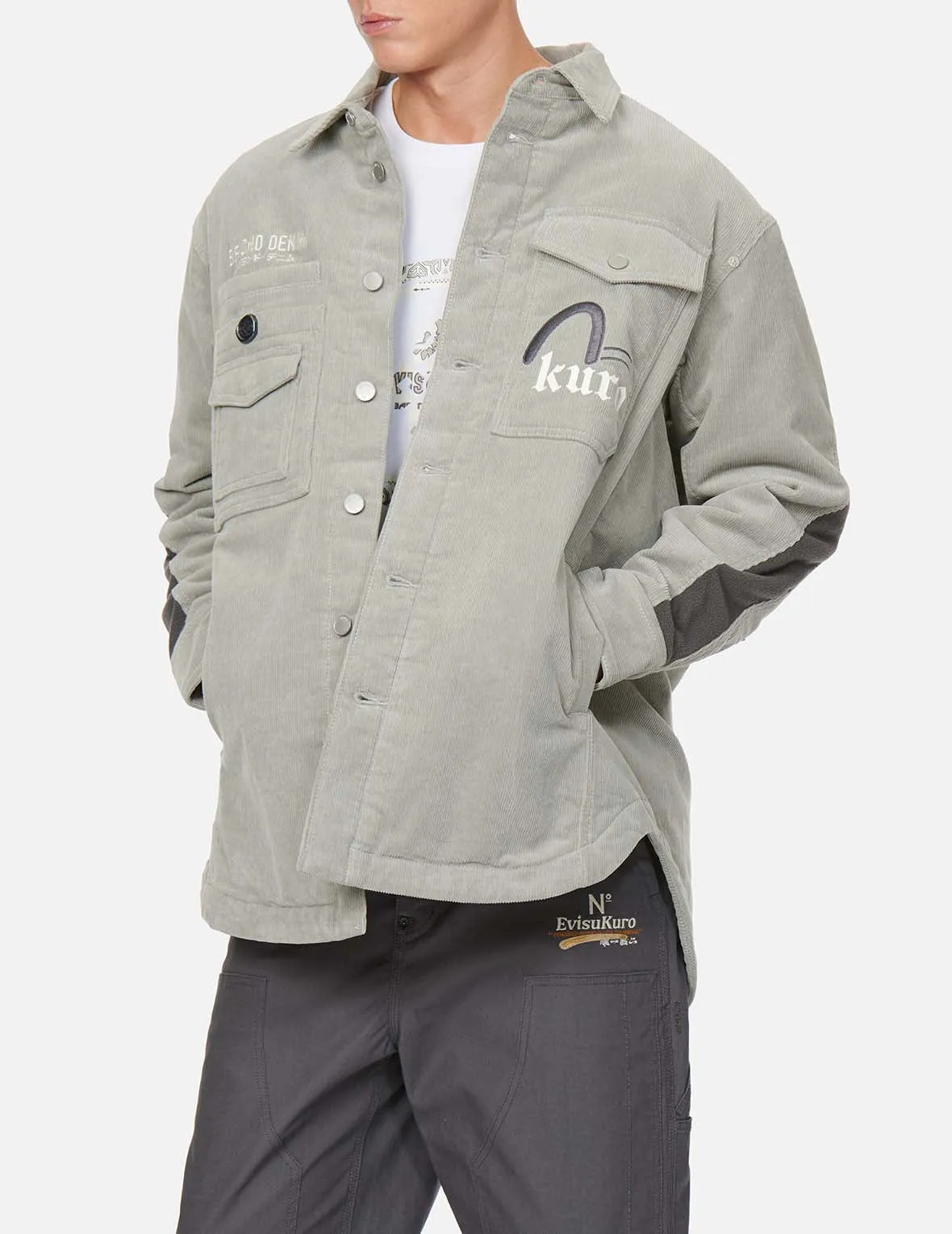 Logo Embroidered Corduroy Shirt Jacket with Sleeves Blocking