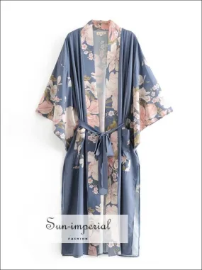 Long Blue with Pink Flower Print Bohemian Kimono Cover up