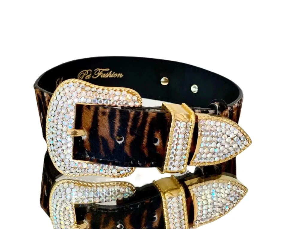 Luxury Pet Fashion Tiger Print Hair On Hide Italian Leather Collar With Swarovski Crystal Hardware