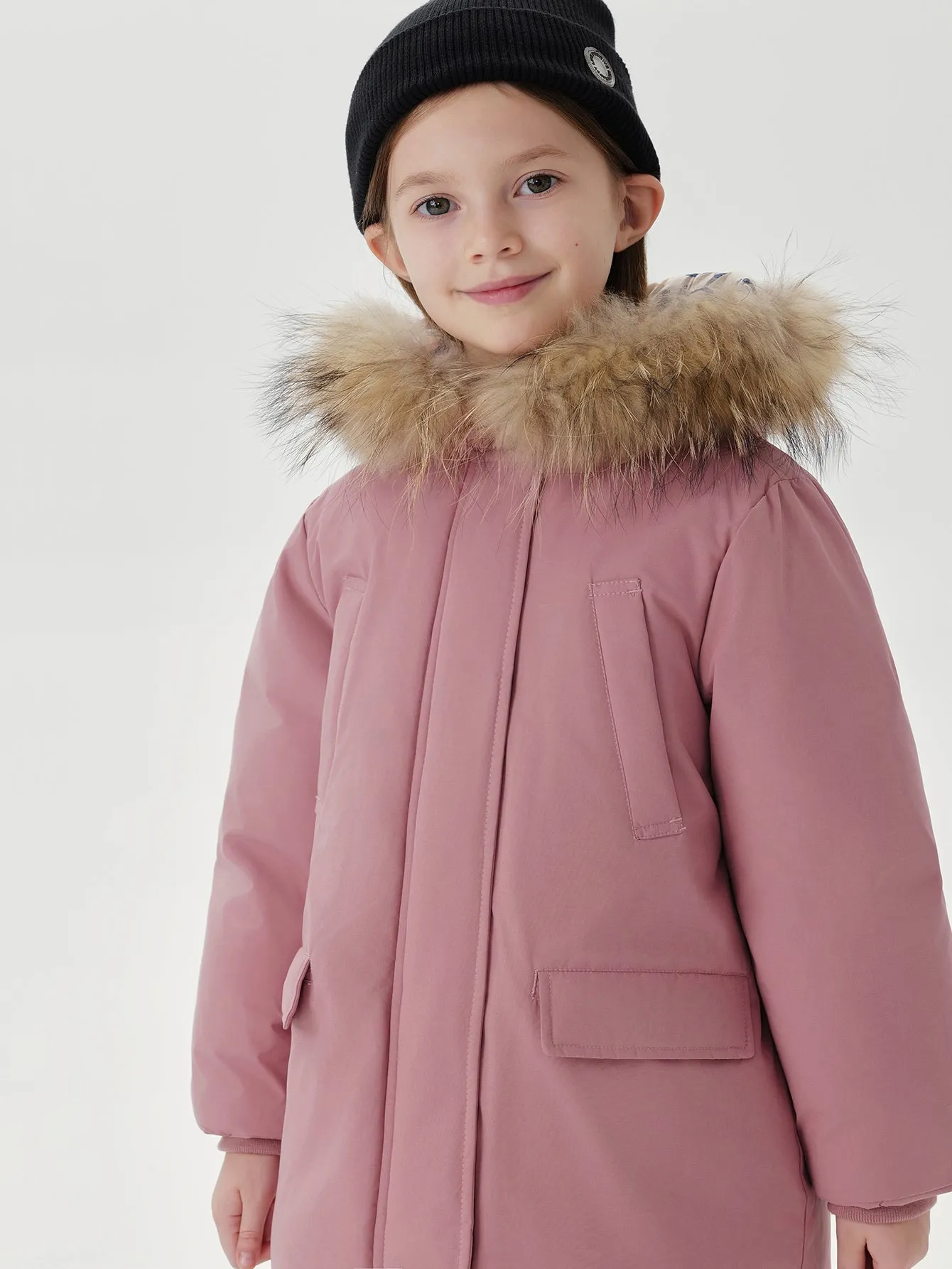 MARC & JANIE Boys Girls Ultralight Hooded Down Mid-Length Coat with Raccoon Fur Collar 210850