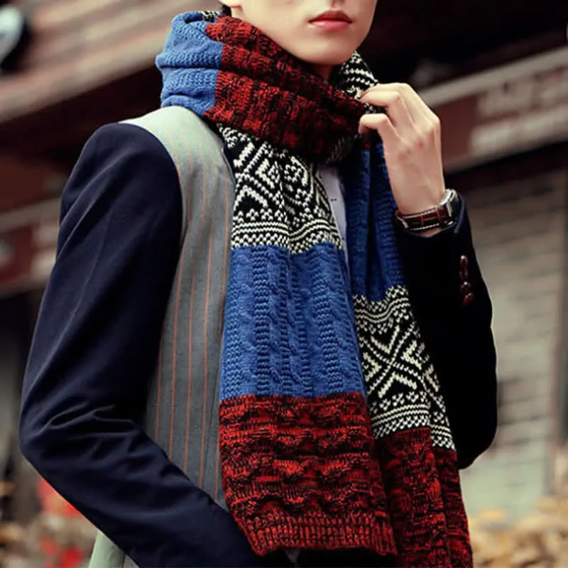 Men's Argyle Knitted Stitching Color Block Scarf