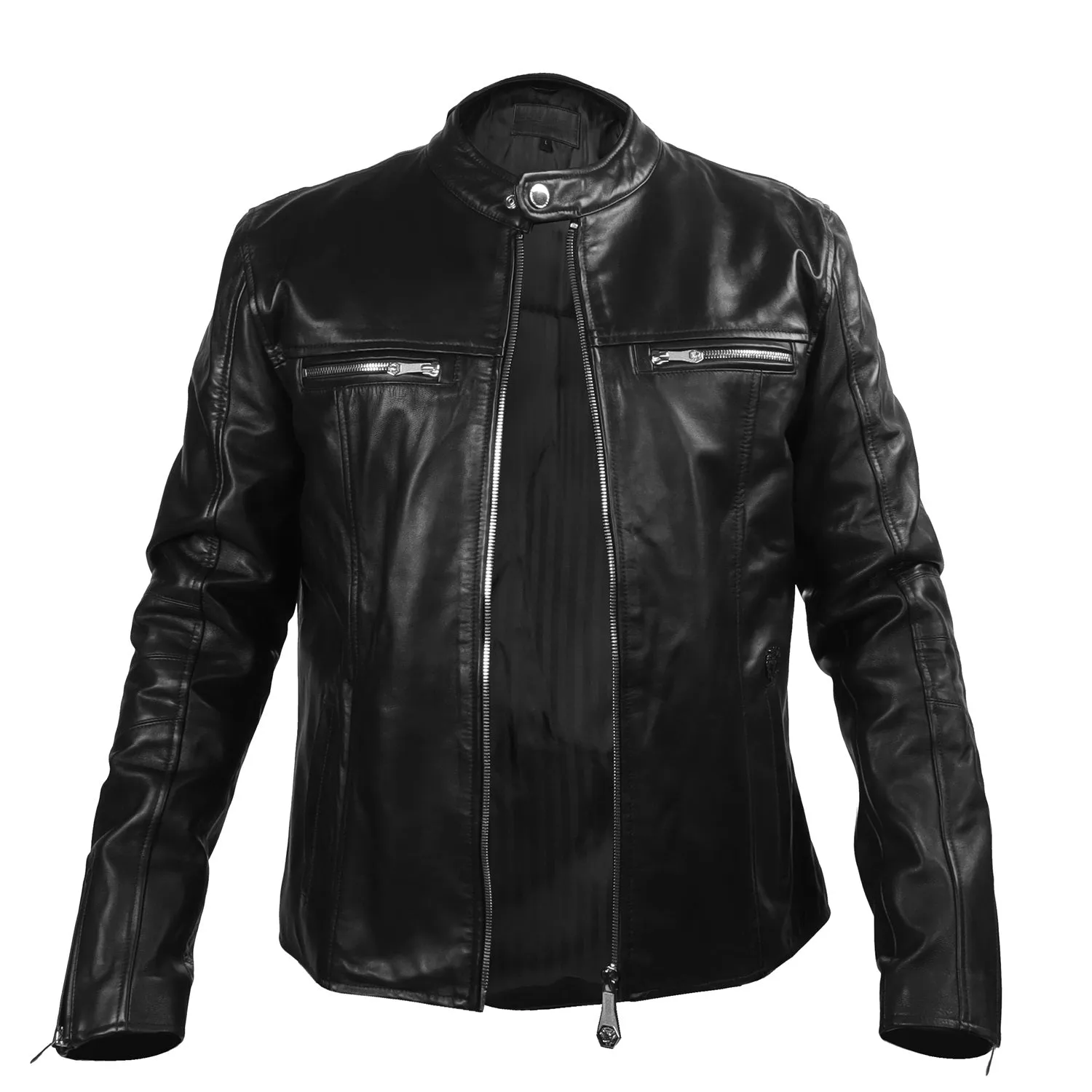 Men's Black leather Jacket with Band Neck Collar Front Zipper Pockets By Brune & Bareskin