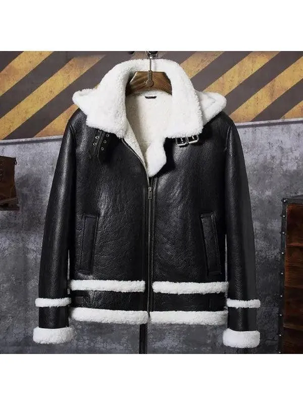 Men's Bomber Hooded Sheepskin Shearling Leather Jacket Short Coat