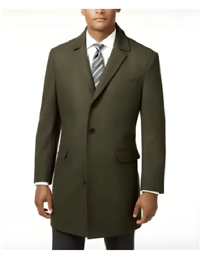 Men's  Long Jacket Olive Green Wool men's Car Coat Mid Length Three quarter length coat