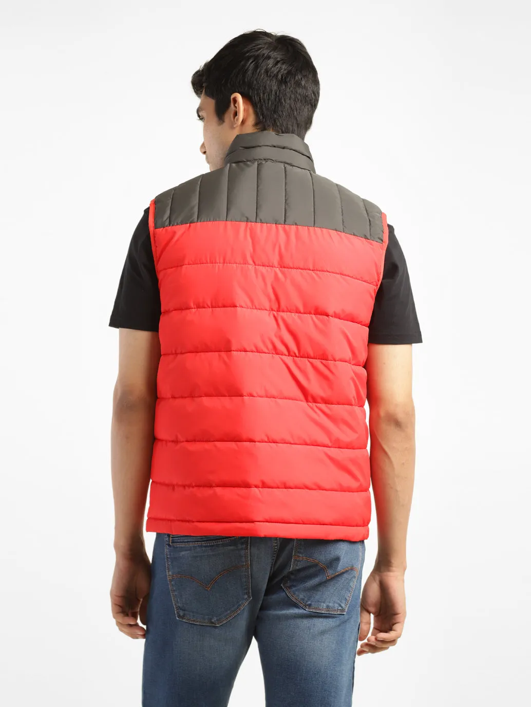 Men's Solid Red Mandarin Collar Quilted Jacket