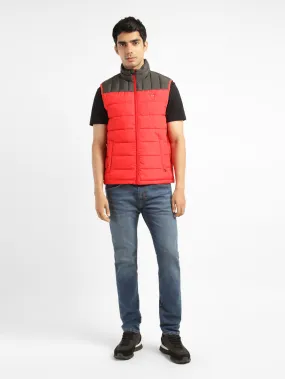 Men's Solid Red Mandarin Collar Quilted Jacket