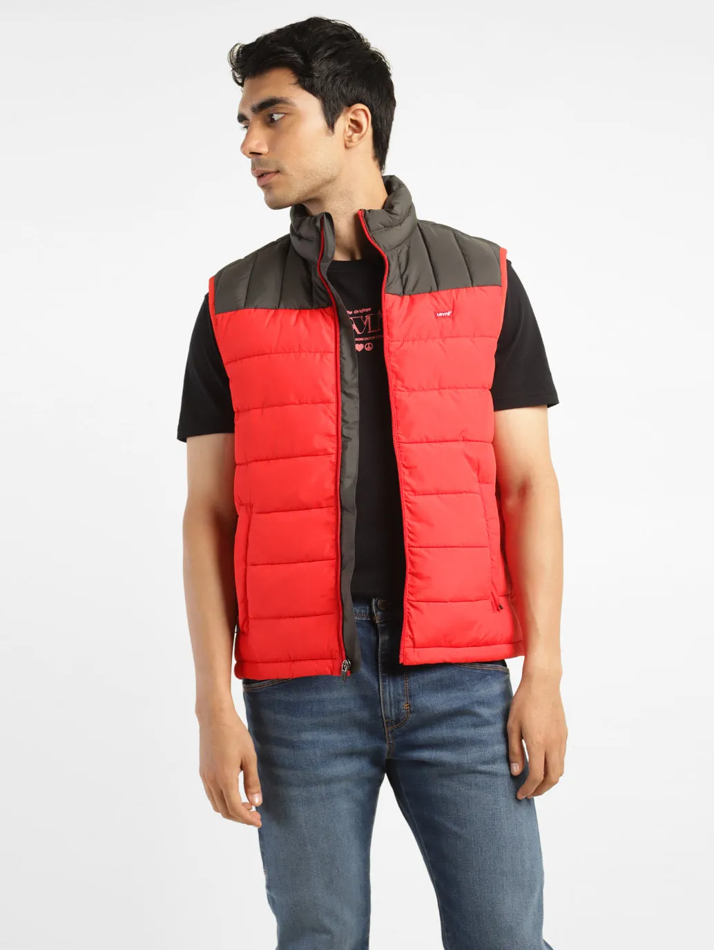 Men's Solid Red Mandarin Collar Quilted Jacket