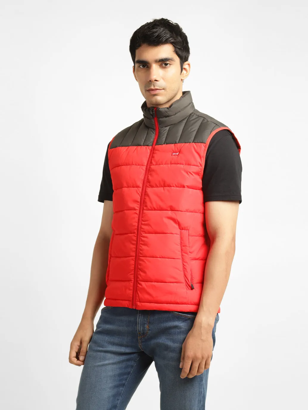 Men's Solid Red Mandarin Collar Quilted Jacket