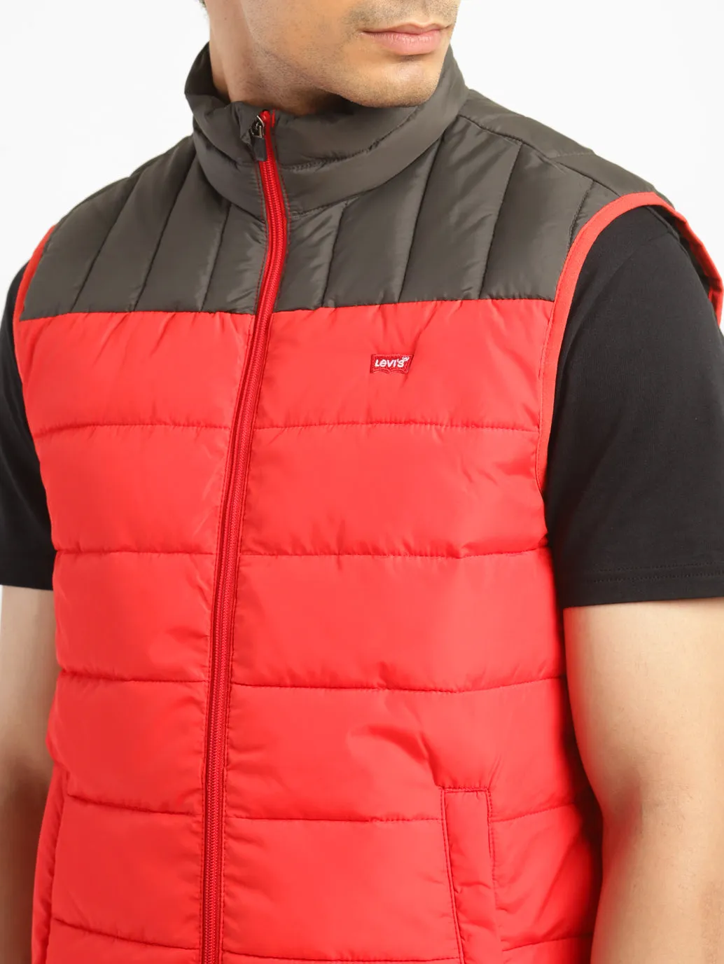 Men's Solid Red Mandarin Collar Quilted Jacket