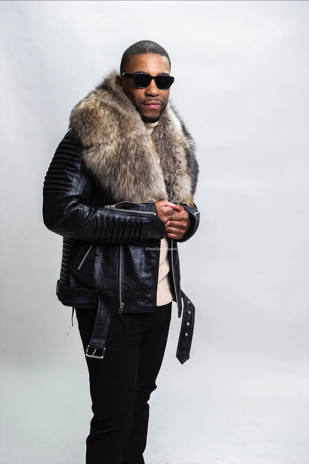 Men's Trey Biker Black Leather Full Fox Fur Collar [Raccoon Fur]