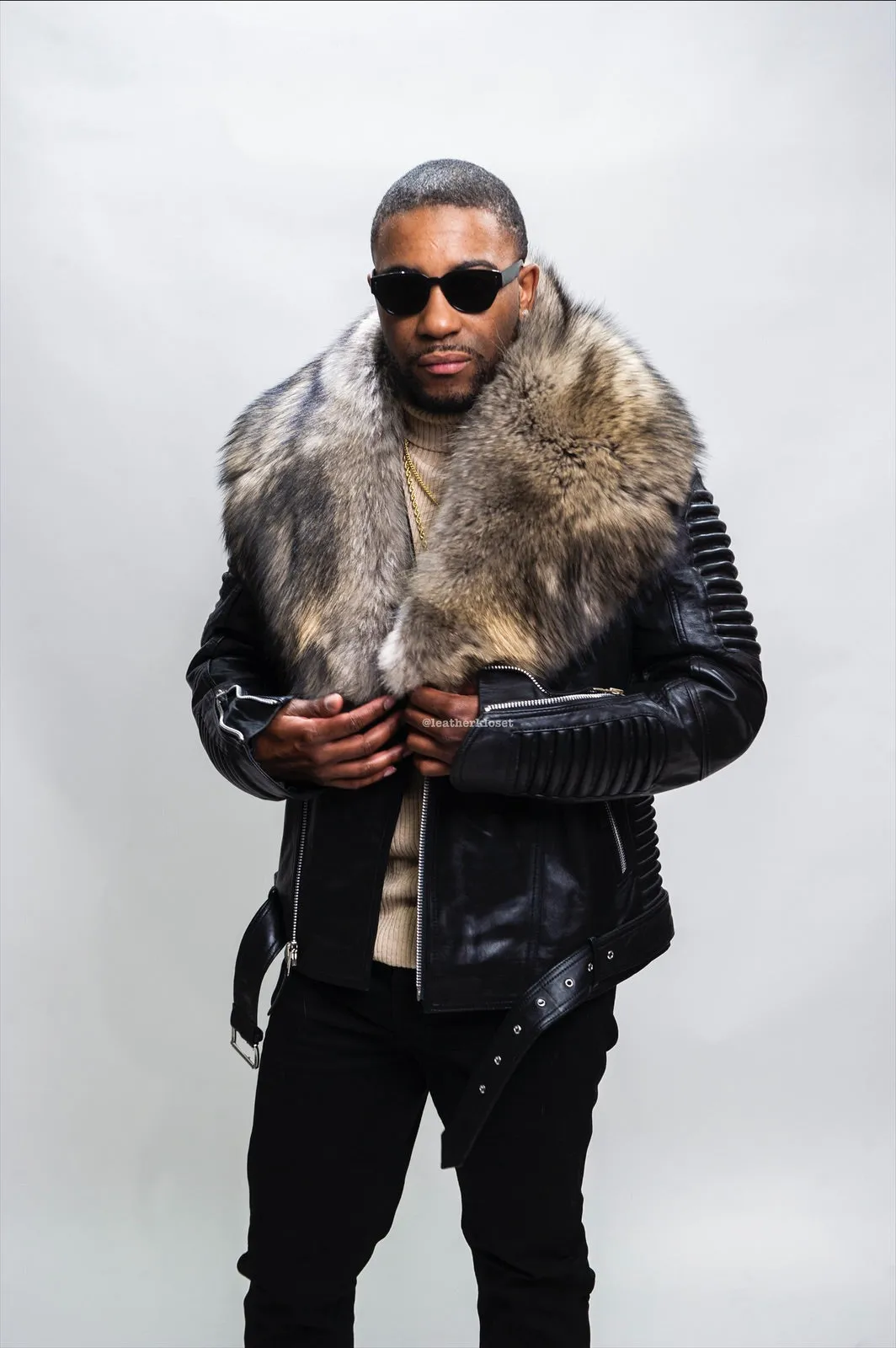 Men's Trey Biker Black Leather Full Fox Fur Collar [Raccoon Fur]