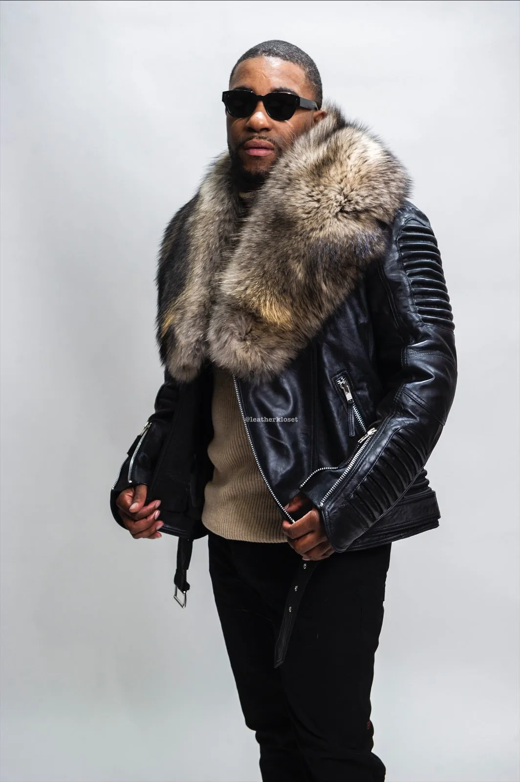 Men's Trey Biker Black Leather Full Fox Fur Collar [Raccoon Fur]