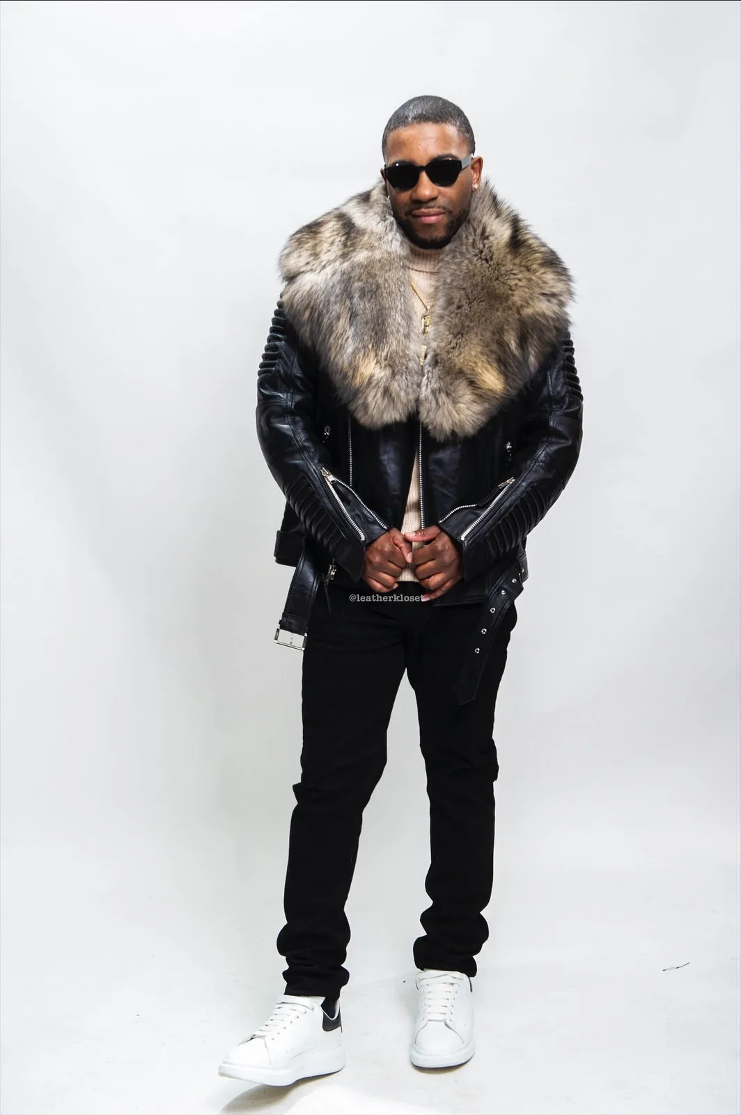 Men's Trey Biker Black Leather Full Fox Fur Collar [Raccoon Fur]