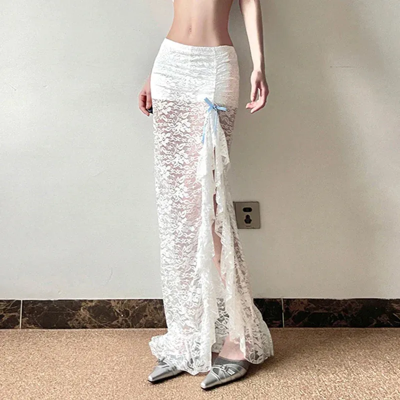 Metaversmall Asymmetrical Fashion White Lace Skirt Women Bow Ruffles See Through Split Korean Style Party Long Skirt Sexy Bottoms