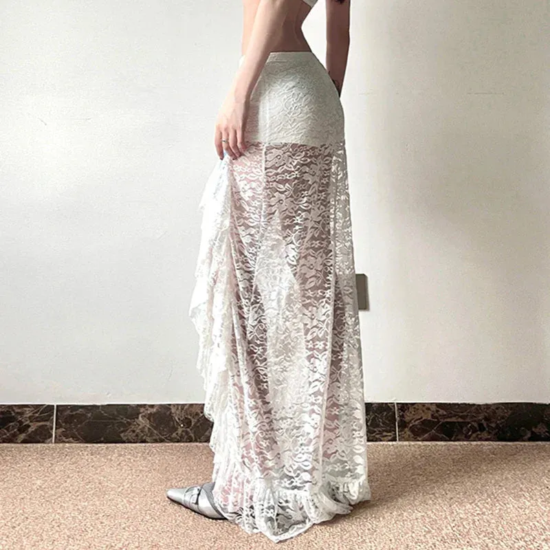 Metaversmall Asymmetrical Fashion White Lace Skirt Women Bow Ruffles See Through Split Korean Style Party Long Skirt Sexy Bottoms