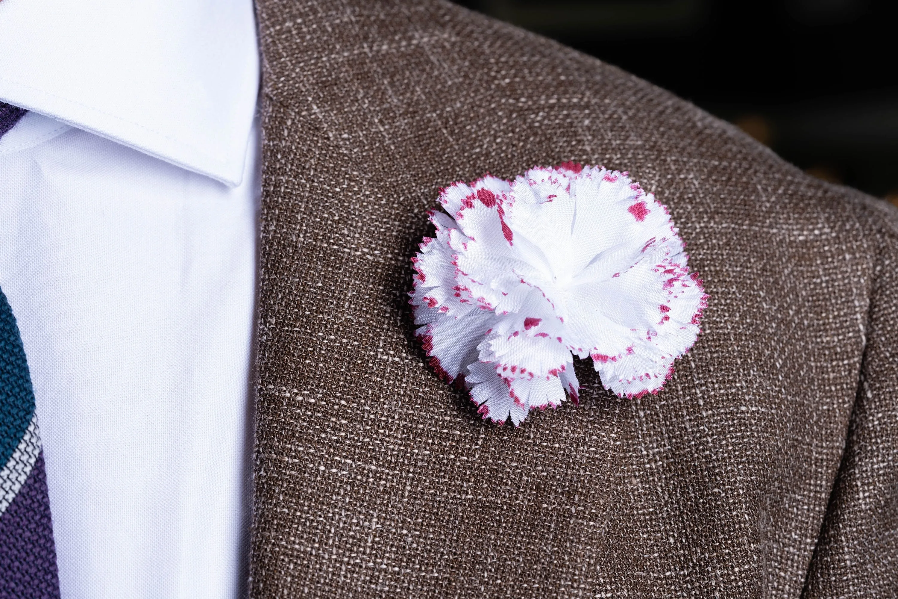 Mini Magenta-Edged White Carnation Boutonnière Flower