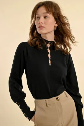 Molly Bracken Black Knit Top with Gold Buttons