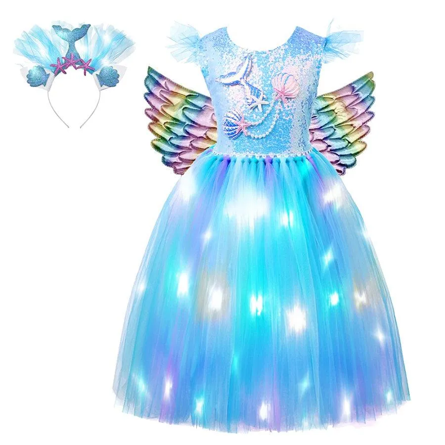 Mystical Mermaid Glow Dress Girls' sequined luminous princess dress Carnival Halloween role-play costume 2024 new baby sequined mesh skirt noble and elegant birthday dress