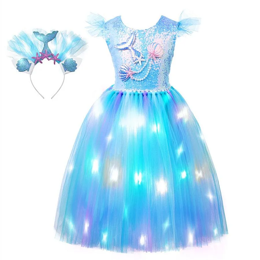 Mystical Mermaid Glow Dress Girls' sequined luminous princess dress Carnival Halloween role-play costume 2024 new baby sequined mesh skirt noble and elegant birthday dress