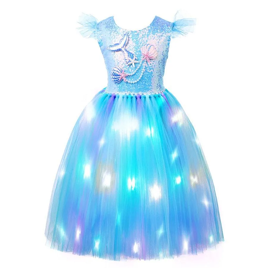 Mystical Mermaid Glow Dress Girls' sequined luminous princess dress Carnival Halloween role-play costume 2024 new baby sequined mesh skirt noble and elegant birthday dress