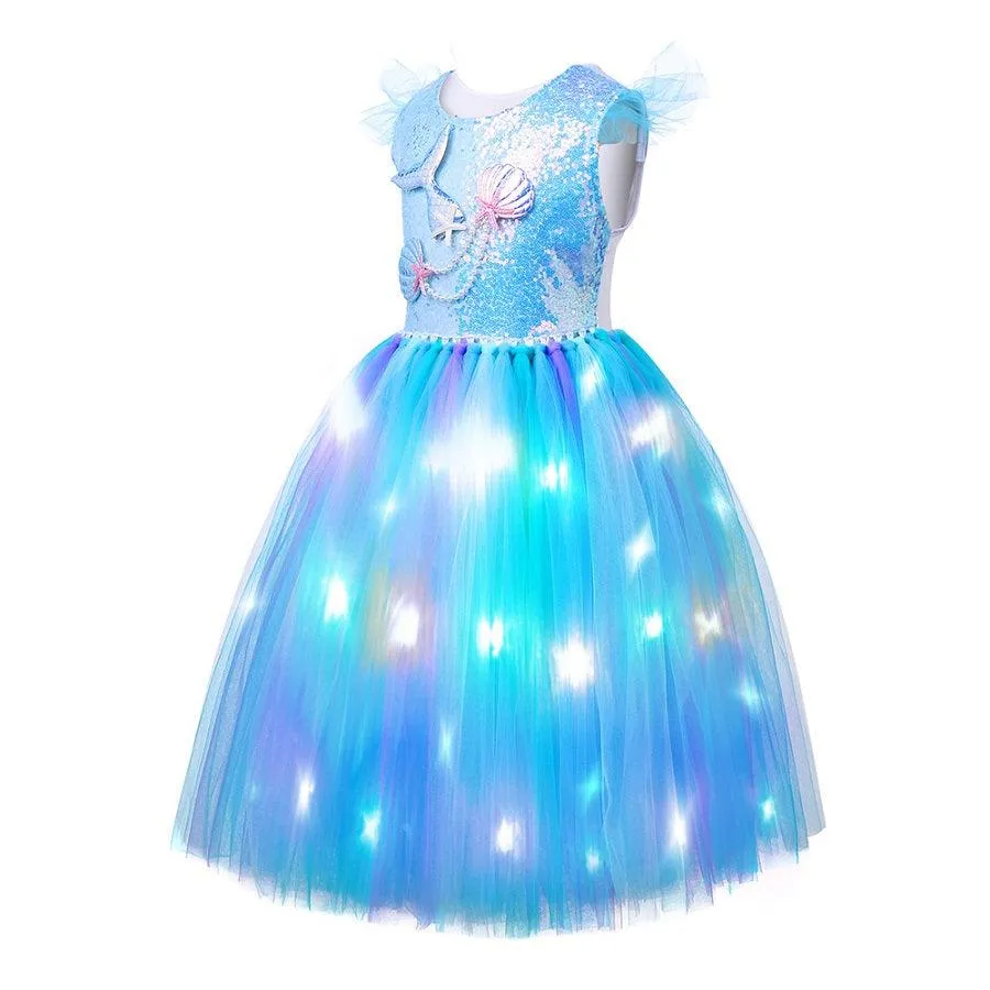 Mystical Mermaid Glow Dress Girls' sequined luminous princess dress Carnival Halloween role-play costume 2024 new baby sequined mesh skirt noble and elegant birthday dress