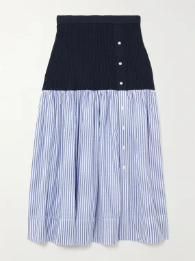 Navy ribbed wool and striped poplin skirt