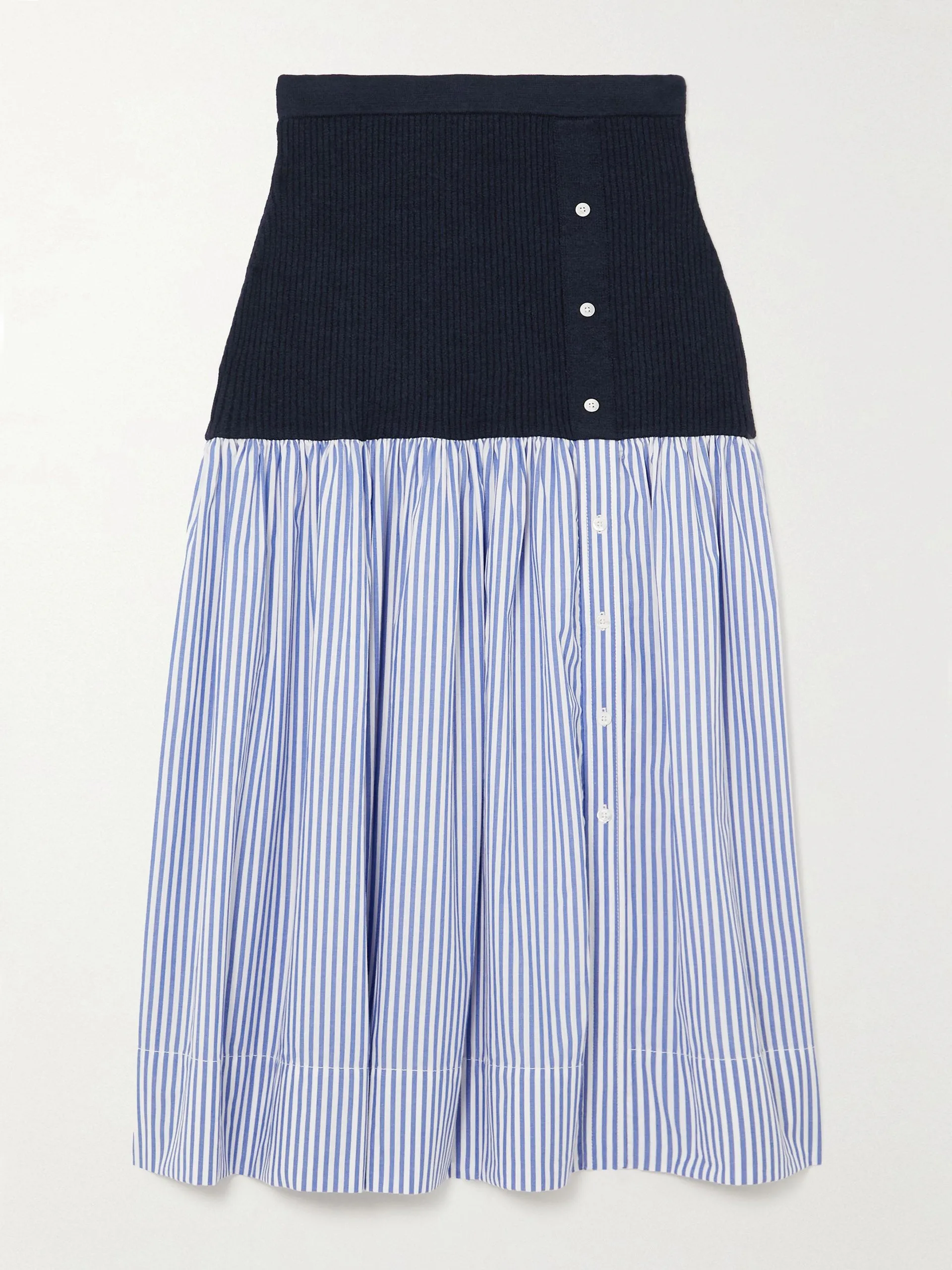 Navy ribbed wool and striped poplin skirt