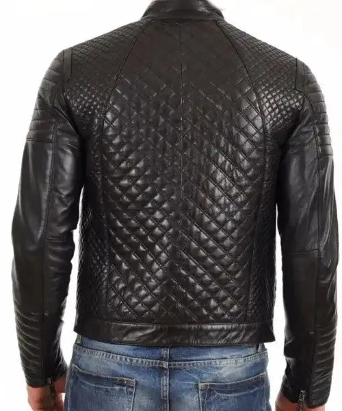 New Men’s Genuine Lambskin Black Slim fit Biker Quilted Leather Jacket