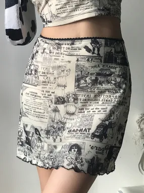 Newspaper Print Wrap Mini Skirt