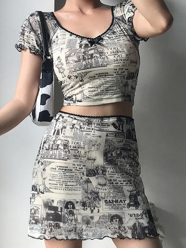 Newspaper Print Wrap Mini Skirt