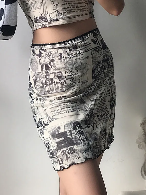 Newspaper Print Wrap Mini Skirt