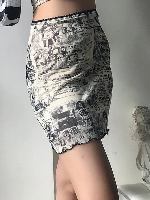 Newspaper Print Wrap Mini Skirt