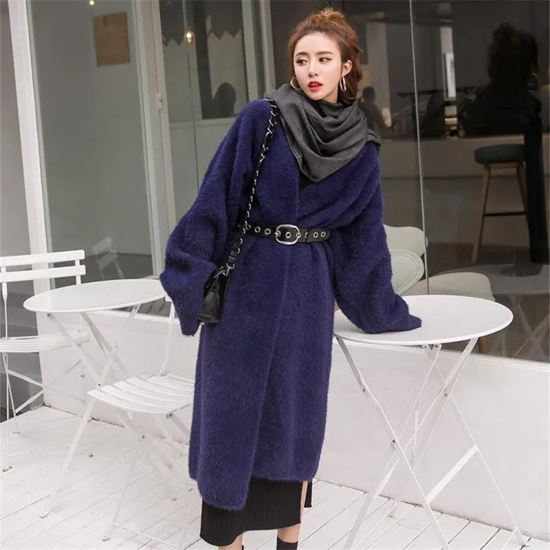 Nukty-shop 2024 fall fashion trends Korean Style Autumn and Winter New Style Faux Mink Velvet Sweater Women's Cardigan Outer Wear over the Knee Long Loose Overcoat Women's Coat