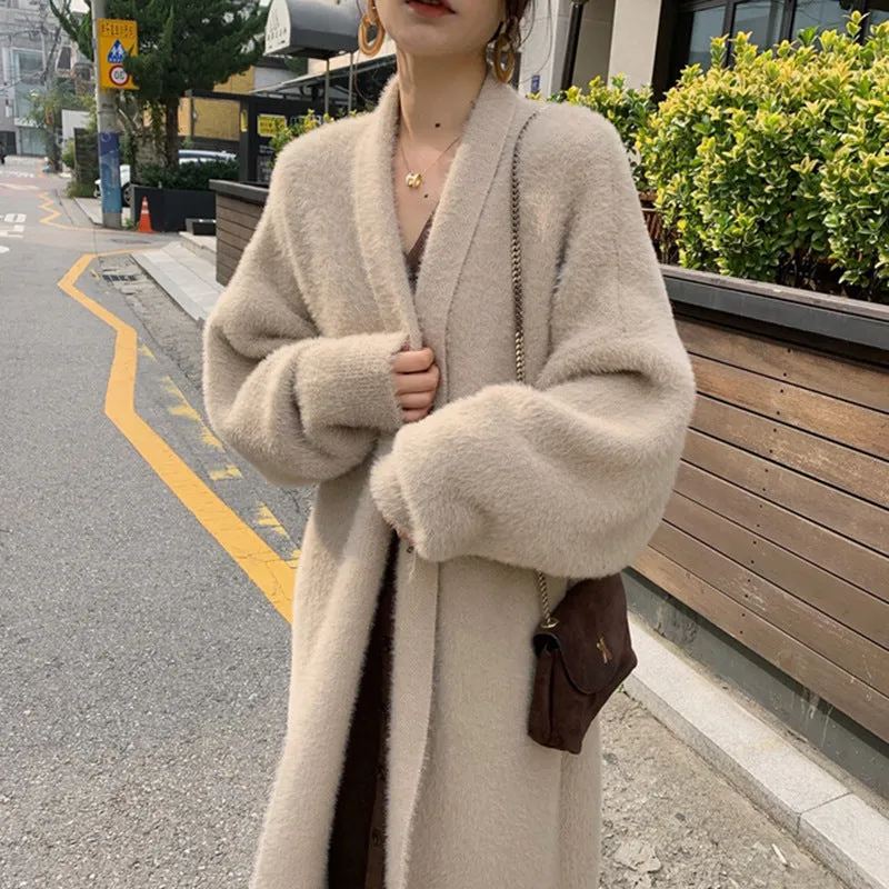 Nukty-shop 2024 fall fashion trends Korean Style Autumn and Winter New Style Faux Mink Velvet Sweater Women's Cardigan Outer Wear over the Knee Long Loose Overcoat Women's Coat