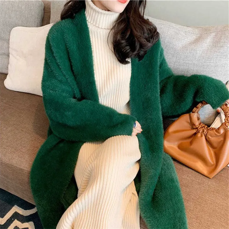 Nukty-shop 2024 fall fashion trends Korean Style Autumn and Winter New Style Faux Mink Velvet Sweater Women's Cardigan Outer Wear over the Knee Long Loose Overcoat Women's Coat