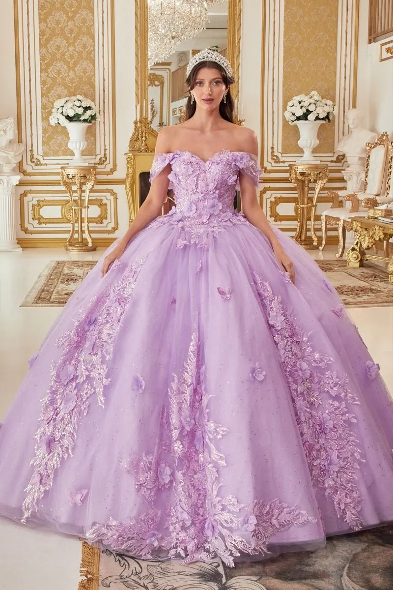 OFF THE SHOULDER FLORAL APPLIQUED BALL GOWN CD15713