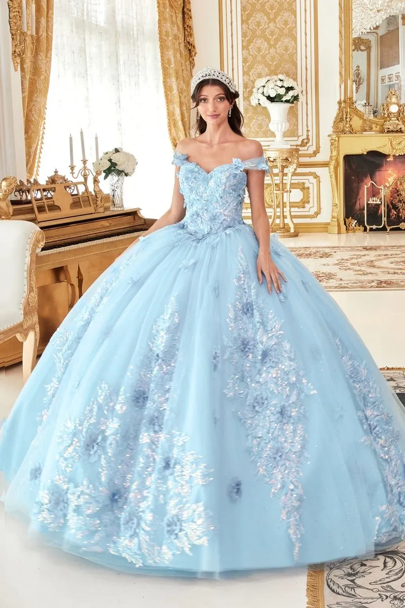 OFF THE SHOULDER FLORAL APPLIQUED BALL GOWN CD15713