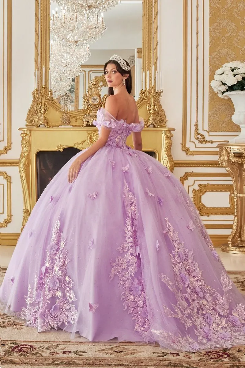 OFF THE SHOULDER FLORAL APPLIQUED BALL GOWN CD15713