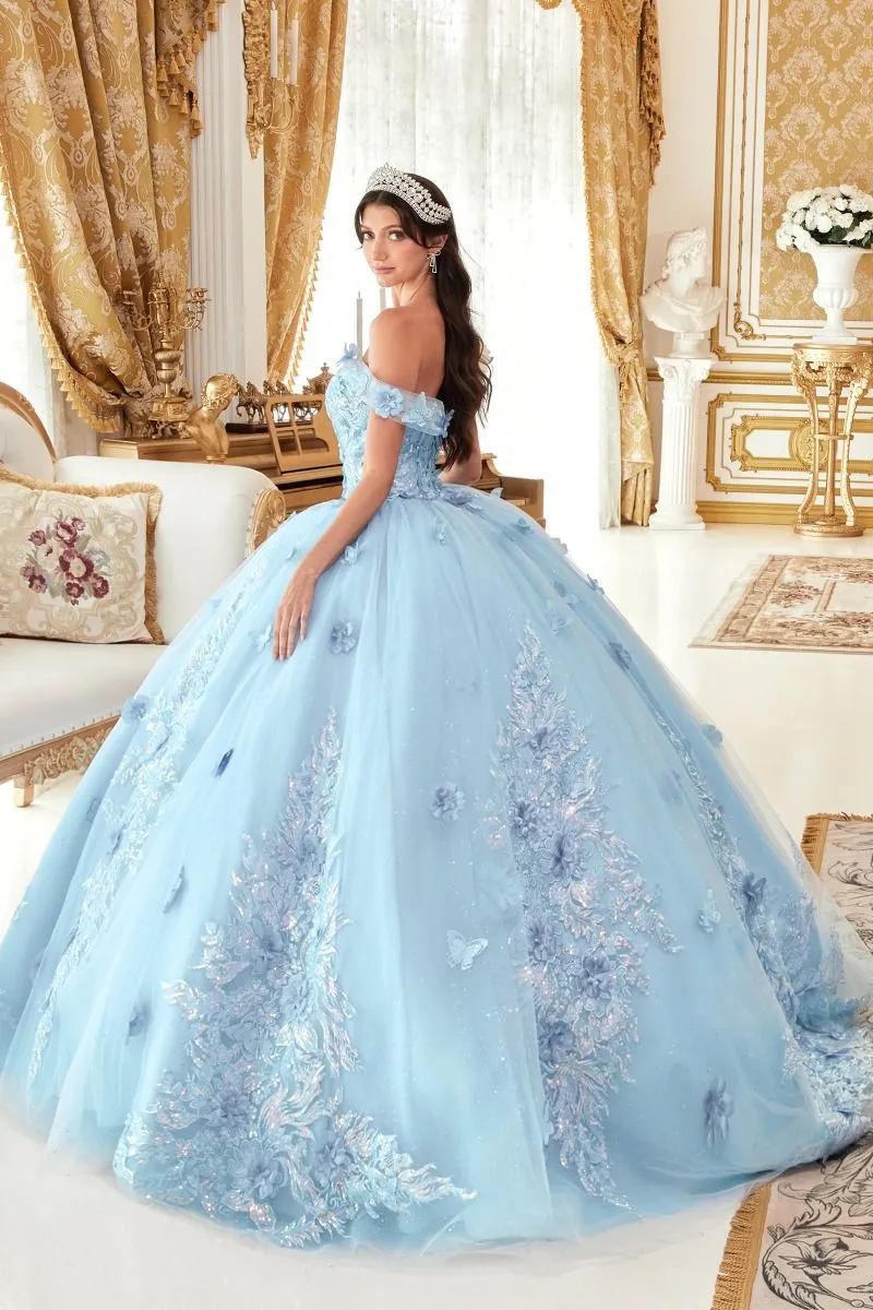 OFF THE SHOULDER FLORAL APPLIQUED BALL GOWN CD15713