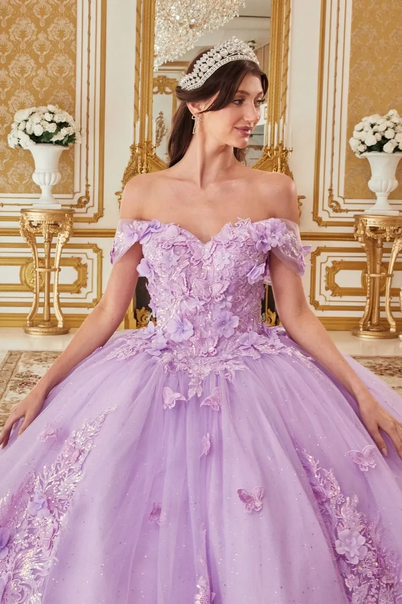 OFF THE SHOULDER FLORAL APPLIQUED BALL GOWN CD15713