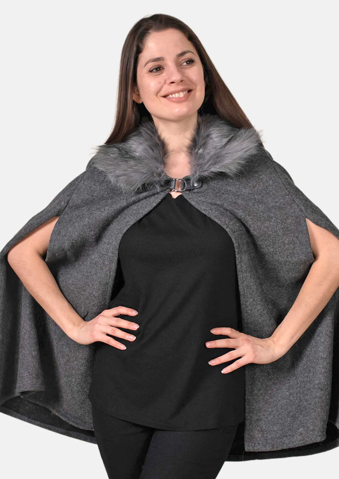 Open Front Faux Fur Collar Cape