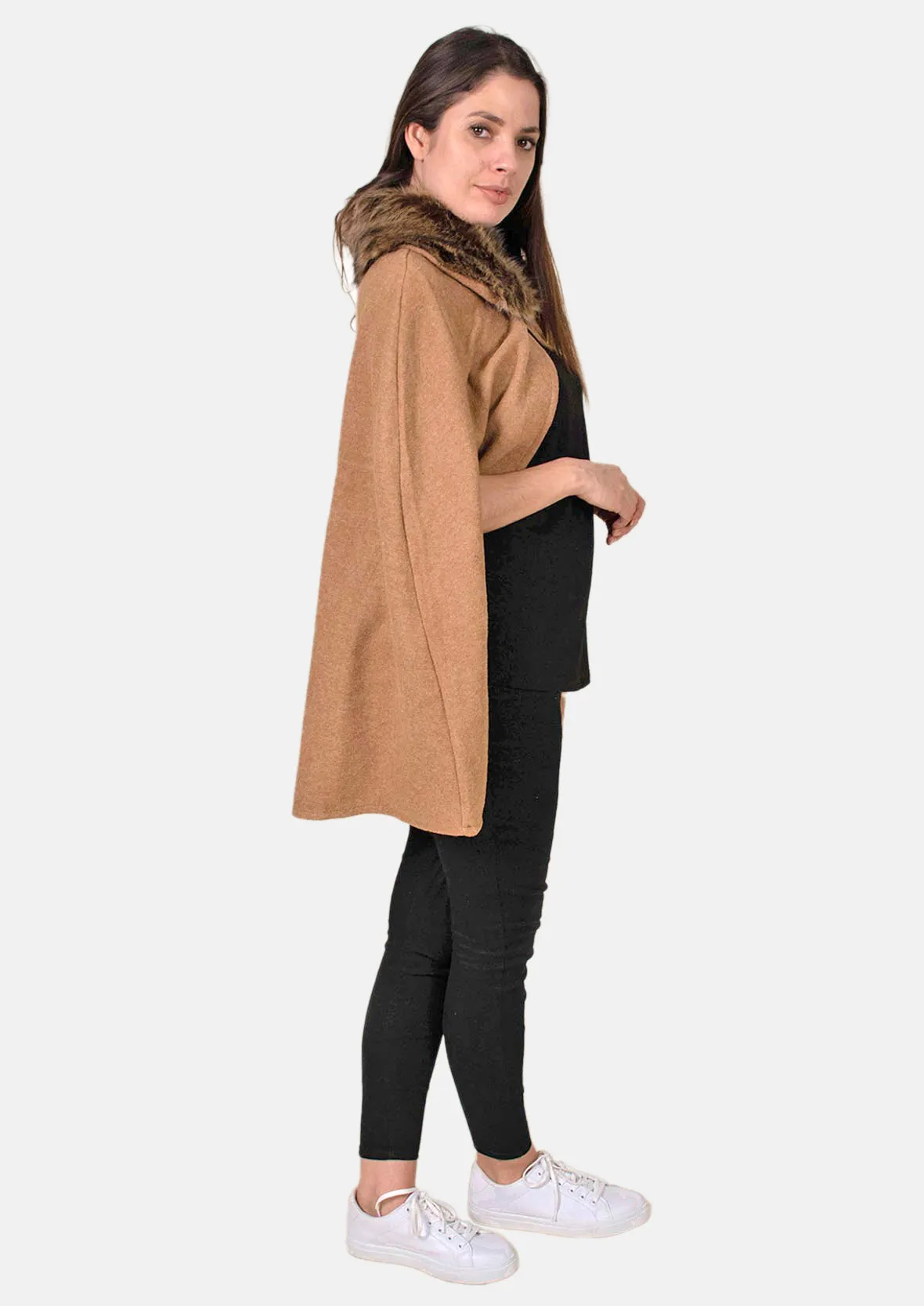 Open Front Faux Fur Collar Cape