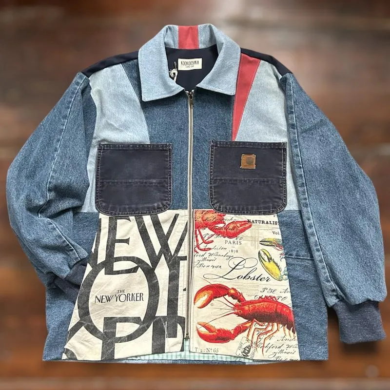 Patchwork Denim Jacket with New Yorker tote and Lobster Graphic