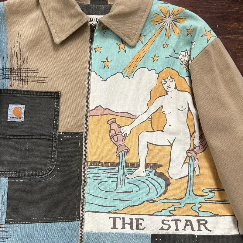 Patchwork Denim Jacket with Star and Sun Tarot Cards