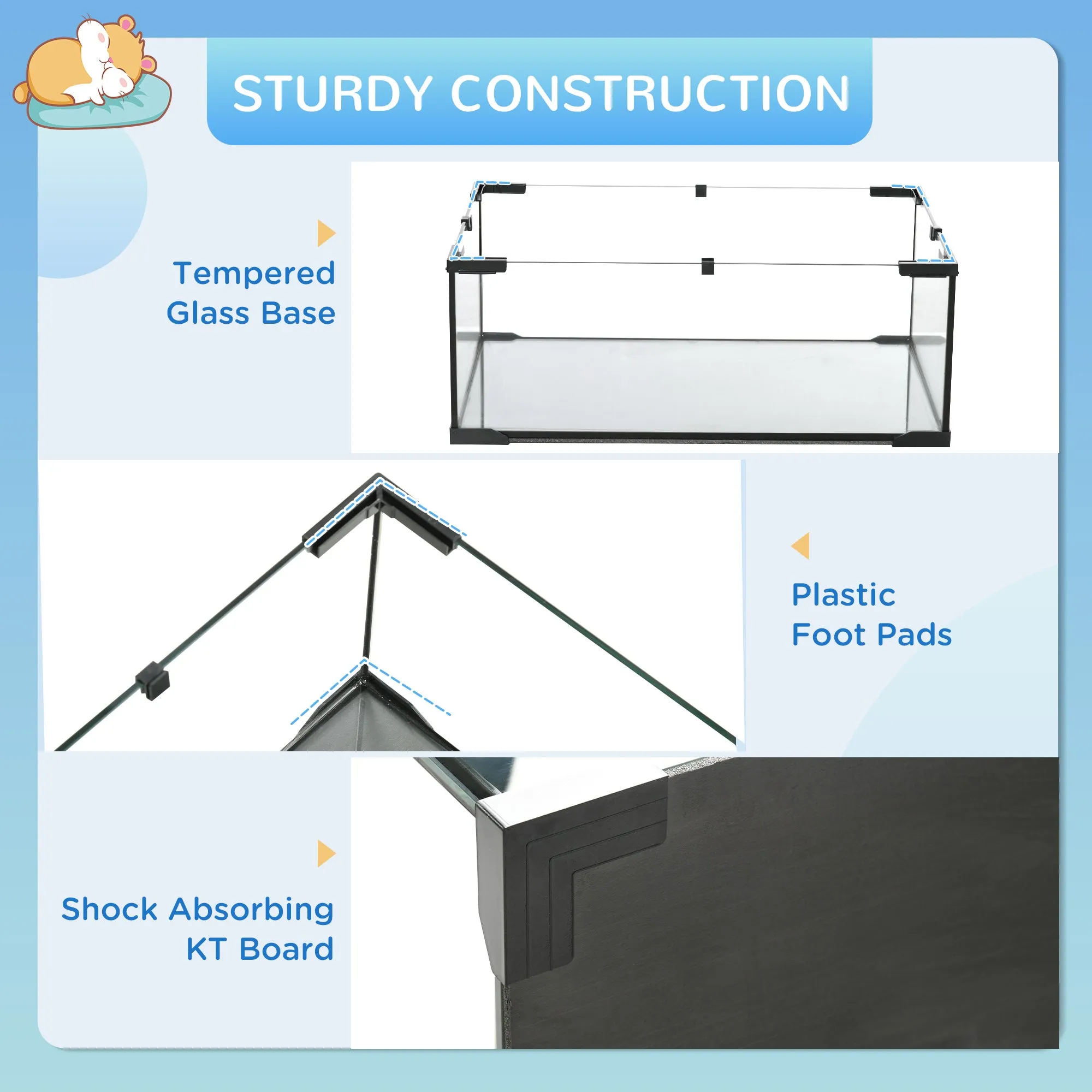 PawHut 3 Tiers Hamster Cage w/ Deep Glass Bottom, Dish, Hut, 60 x 40 x 57cm