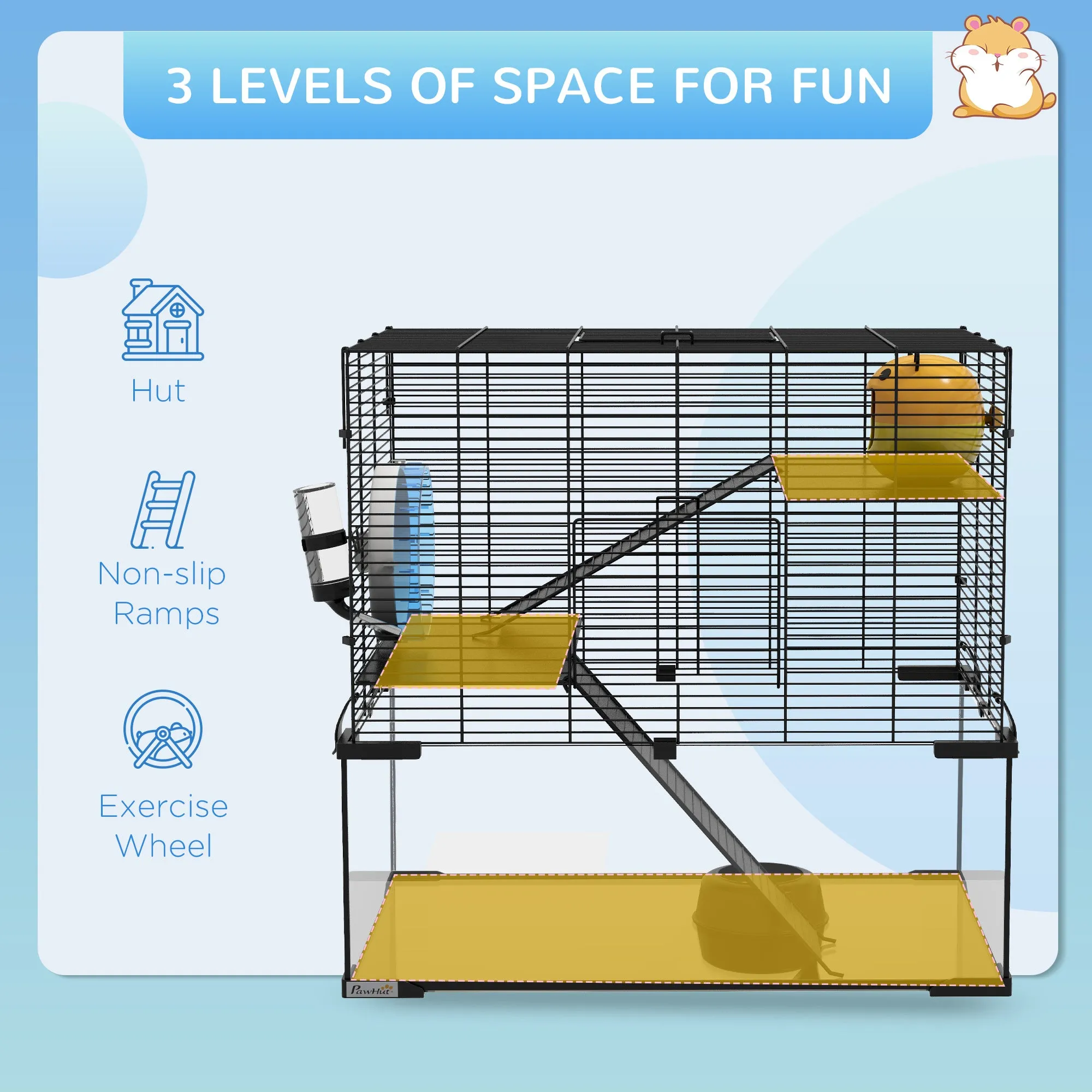 PawHut 3 Tiers Hamster Cage w/ Deep Glass Bottom, Dish, Hut, 60 x 40 x 57cm