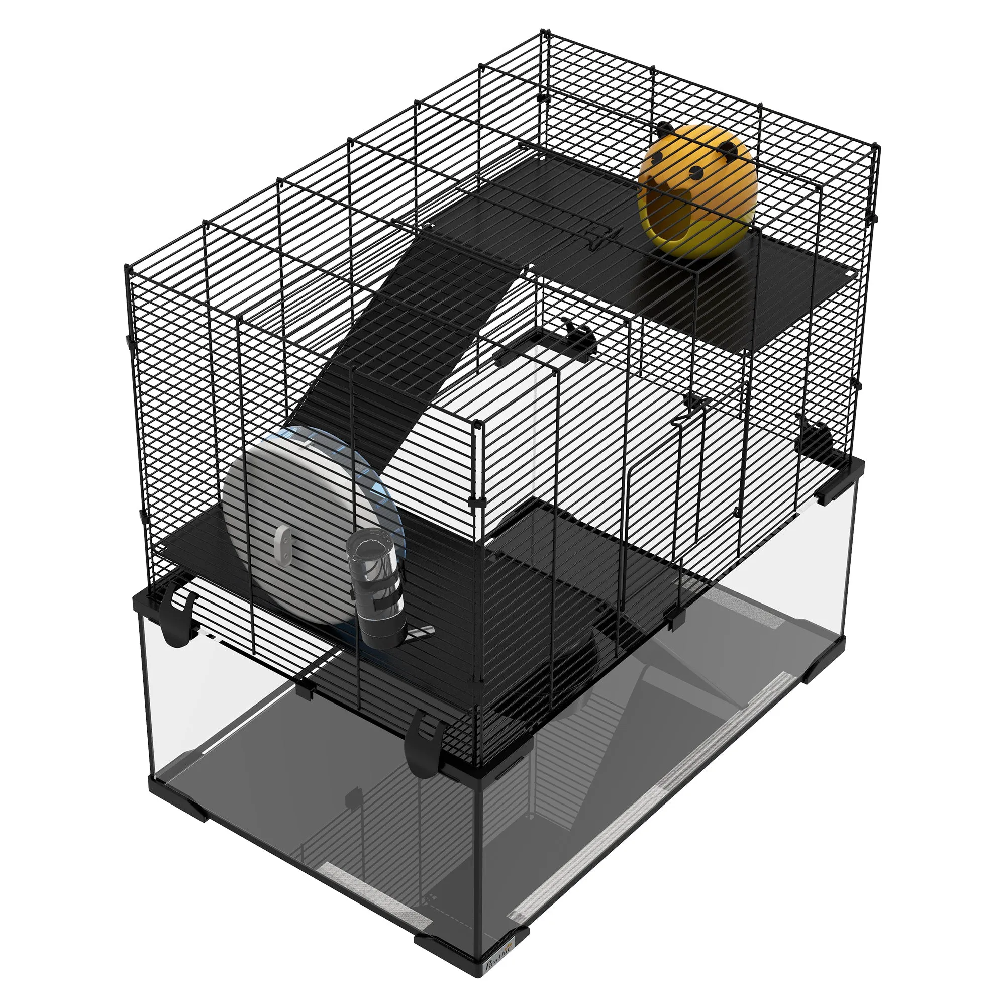 PawHut 3 Tiers Hamster Cage w/ Deep Glass Bottom, Dish, Hut, 60 x 40 x 57cm