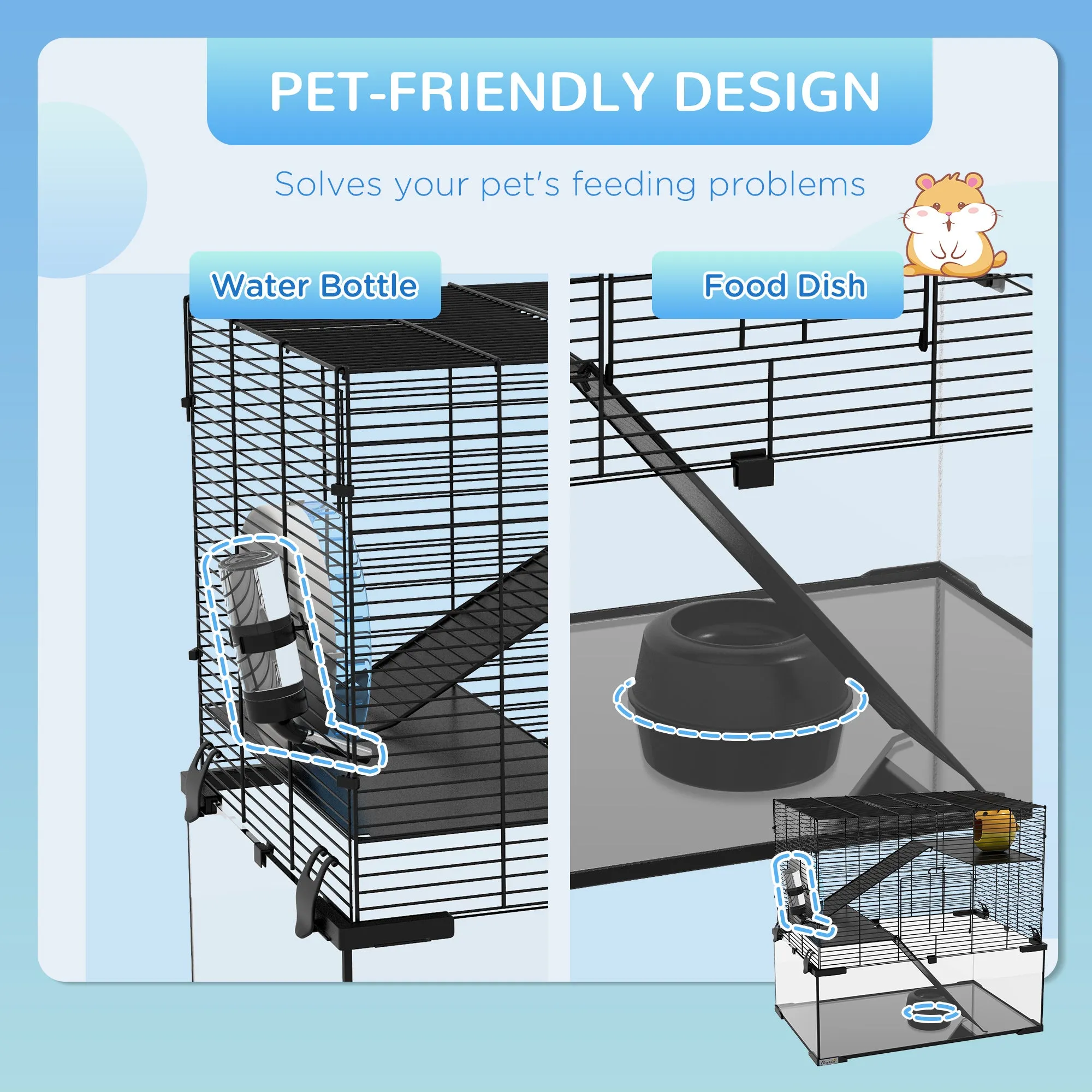 PawHut 3 Tiers Hamster Cage w/ Deep Glass Bottom, Dish, Hut, 60 x 40 x 57cm